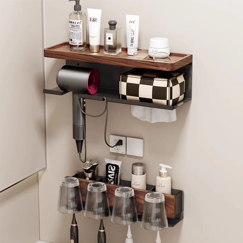 胡桃木浴室卫生间吹风机置物架洗手台洗漱台牙刷胡桃木置物架收纳