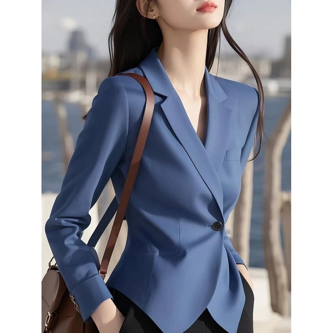 春装女款2025年新款法式气质通勤风蓝色职业v领衬衫重要场合小衫