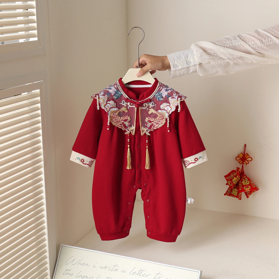 女宝宝周岁拍照礼服喜庆中式连体衣秋装婴幼儿拜年服满月旗袍冠衣