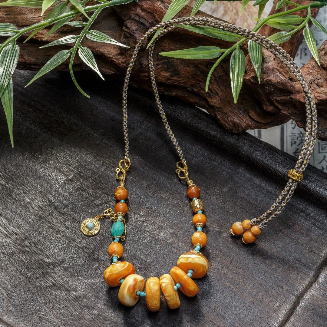 【壹芳珠宝】天然原矿琥珀蜜蜡橘皮妖花饼子锁骨链