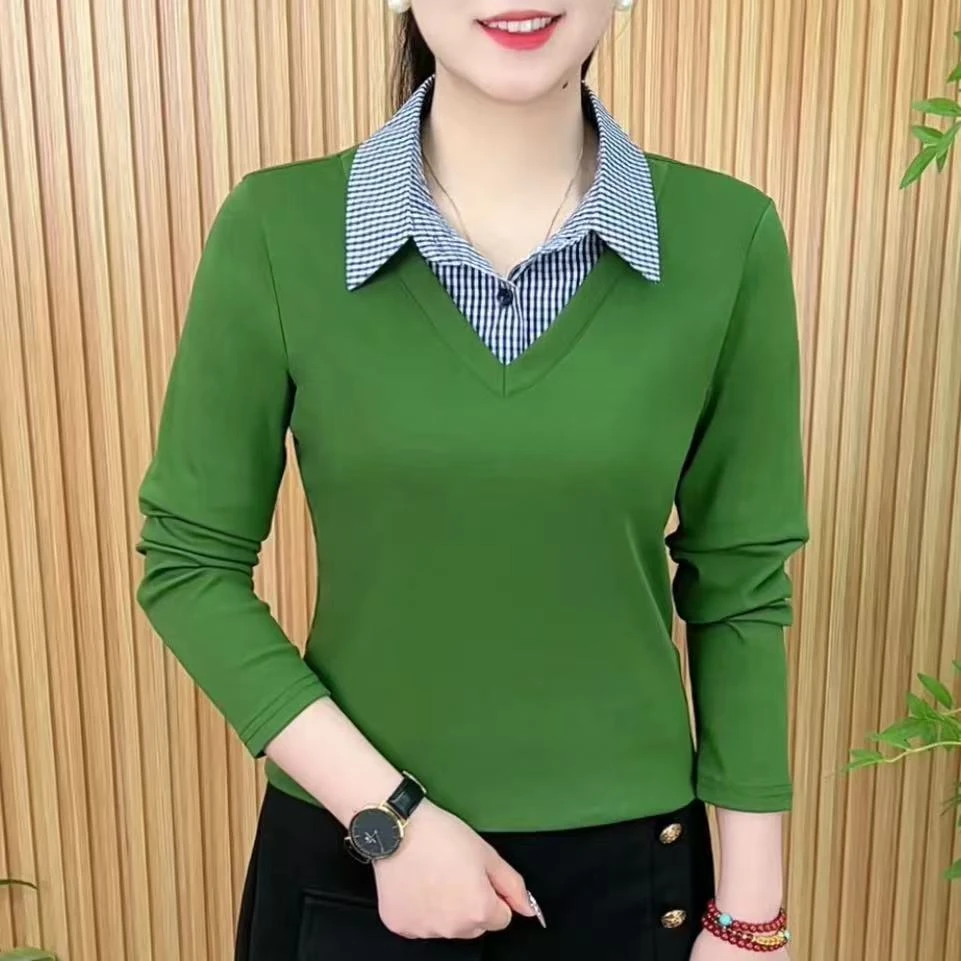 春秋新款洋气减龄拼接翻领打底时尚撞色显瘦收腰百搭长袖女士气质