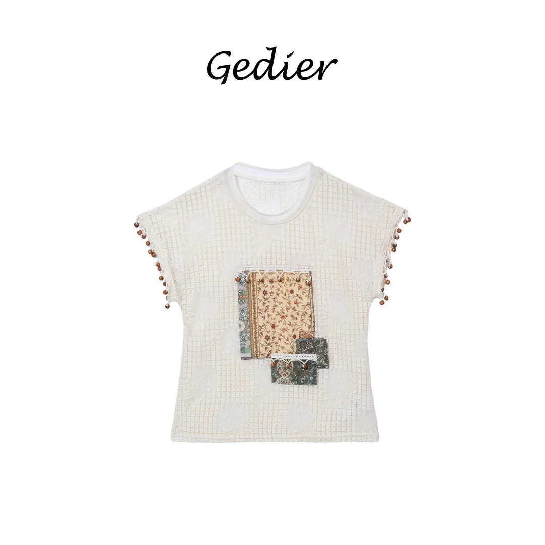 【歌蒂尔】设计师款小众拼接短袖T恤 小众艺术文艺穿搭 TG520930Y