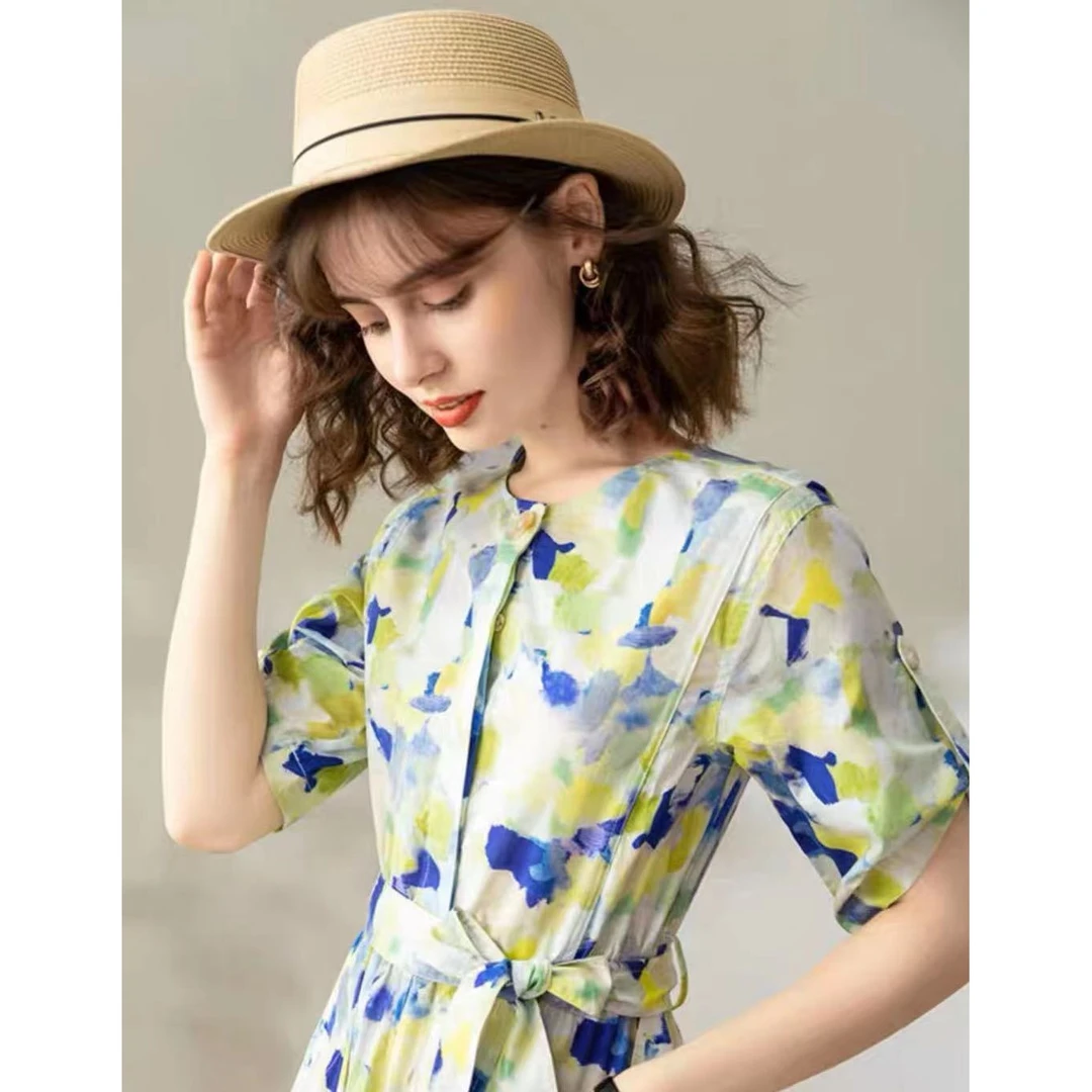 A35185 2025夏季新款休闲艺术扎染印花度假风中长款连衣裙