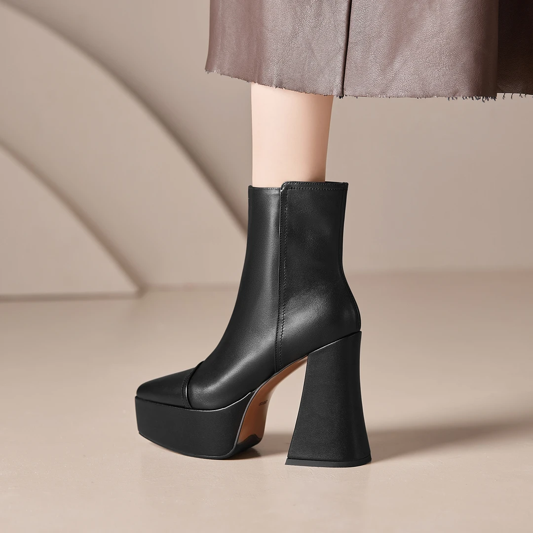 AACCK尖头粗跟短靴女12.3cm超高跟鞋冬季新款黑色厚底真皮女靴子