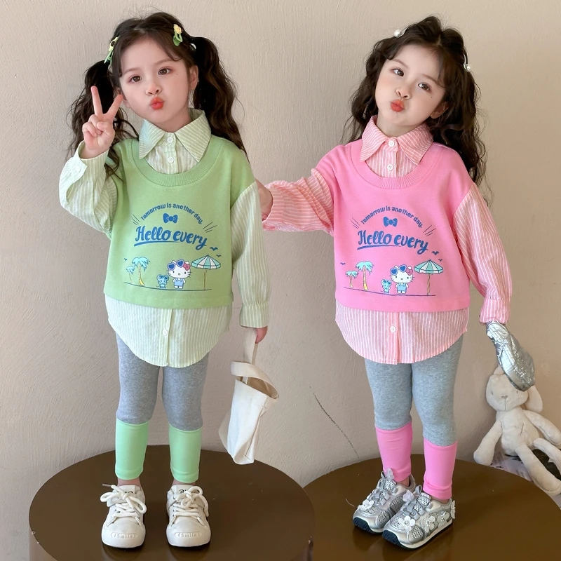 女童卡通卫衣套装洋气儿童春秋季新款韩版女宝宝衬衫假两件套女孩