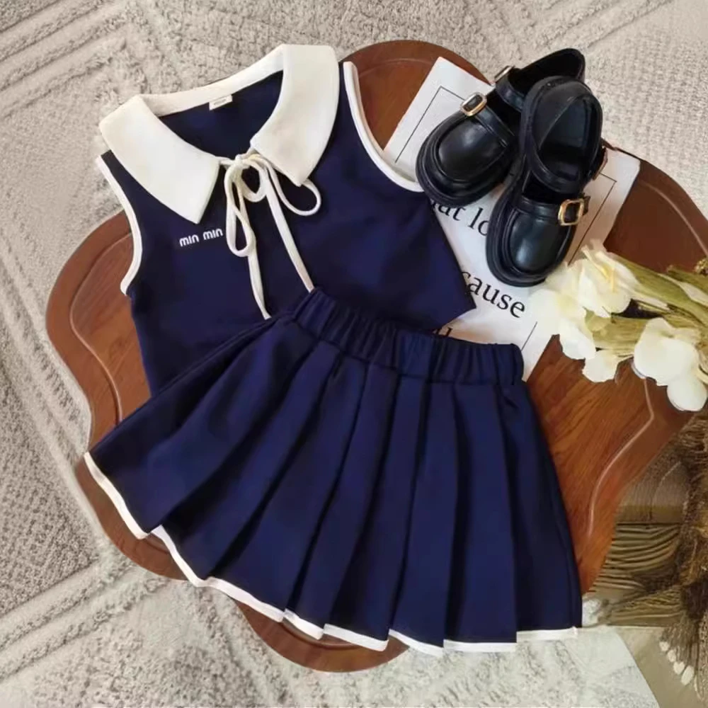 女童学院风POLO套装新款夏装女宝宝无袖上衣洋气时髦百褶裙两件套