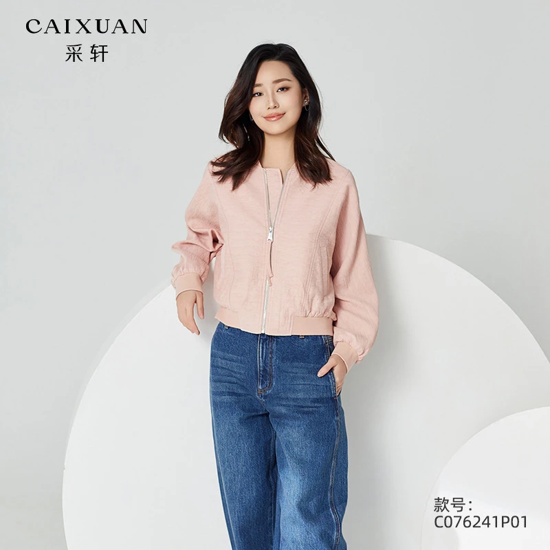 C076241P01CAIXUAN采轩女春复古棒球领减龄短款夹克外套