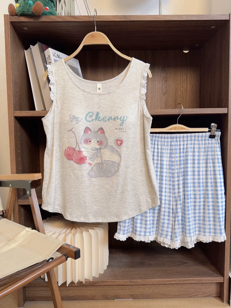 新款夏季带胸垫莫代尔背心短裤猫咪图案可外穿家居服