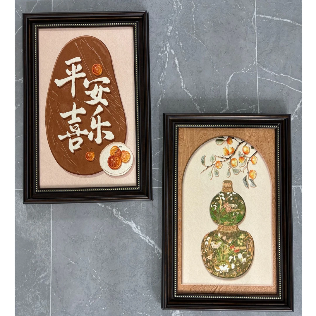 中古风客厅玄关挂画平安喜乐福禄装饰画法式复古两联装饰画148