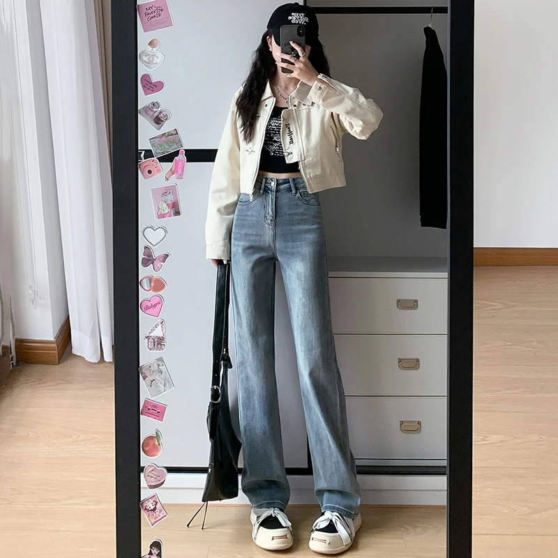 窄版弹力牛仔直筒裤女2025秋季新款复古高腰显瘦设计感小个子裤子