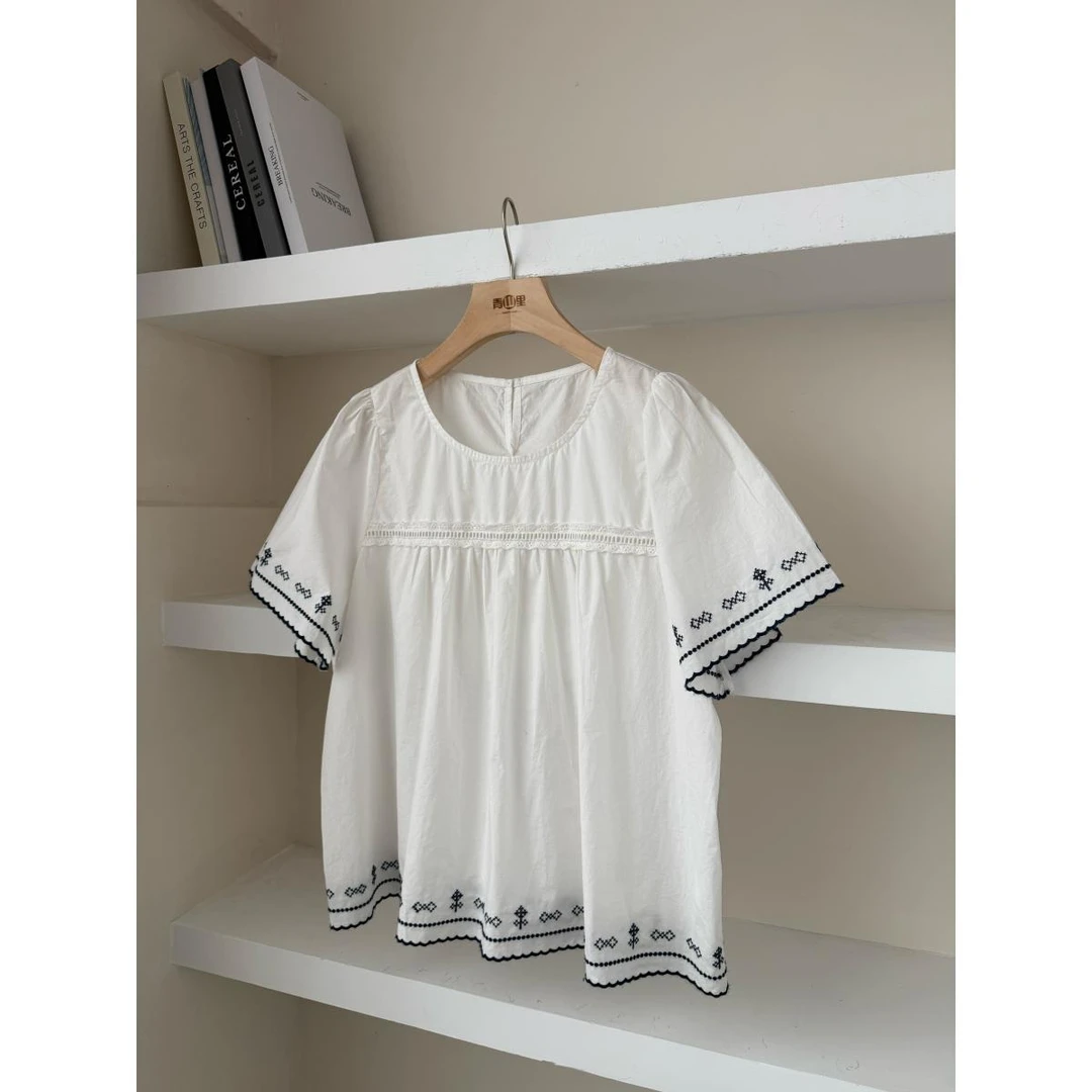 P0338-“白日繁花”韩版泡泡袖娃娃衫女圆领短袖宽松白色镂空小衫