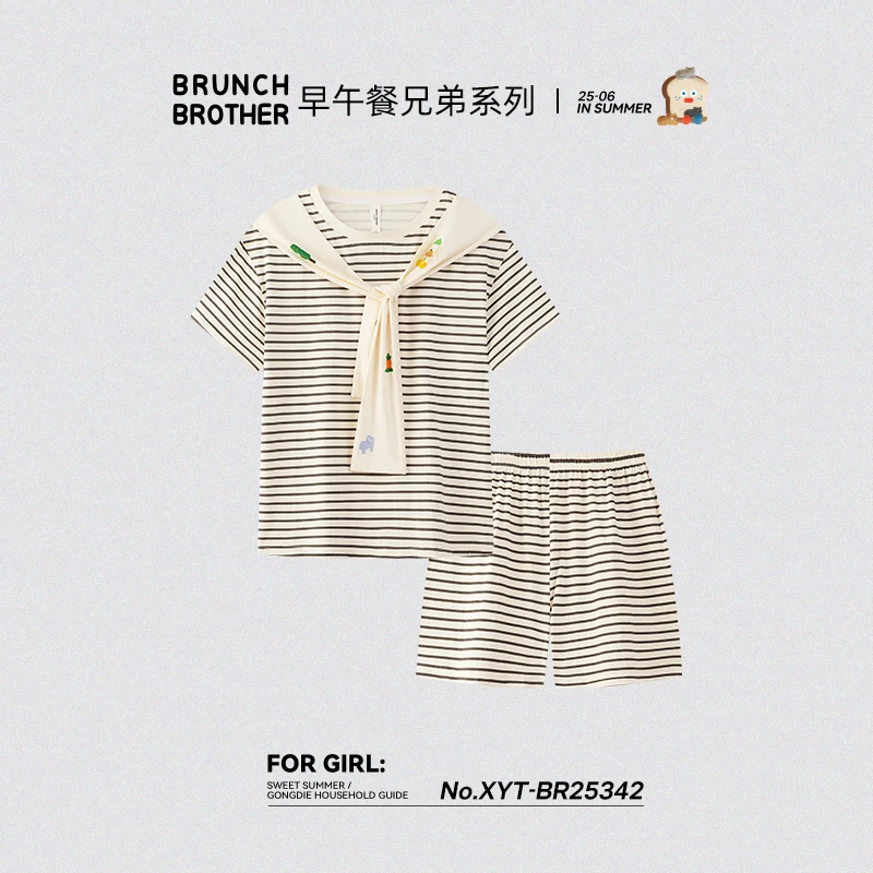 宫蝶【凉感型】BRUNCH BROTHER夏季睡衣女短袖纯棉休闲条纹家居服
