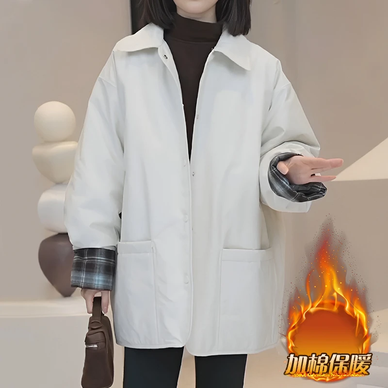 时尚拼接夹棉翻领加棉棉服女欧洲站2025年冬季新款保暖宽松棉衣潮