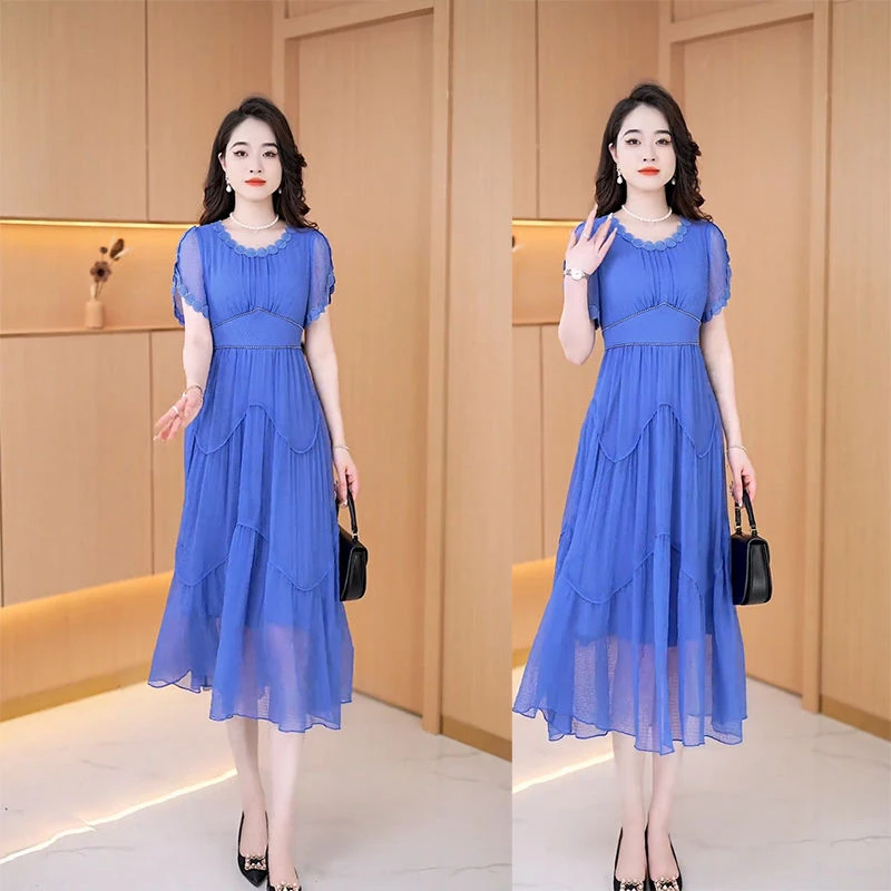 A619夏季新款连衣裙子高腰七分袖时尚减龄显瘦高档