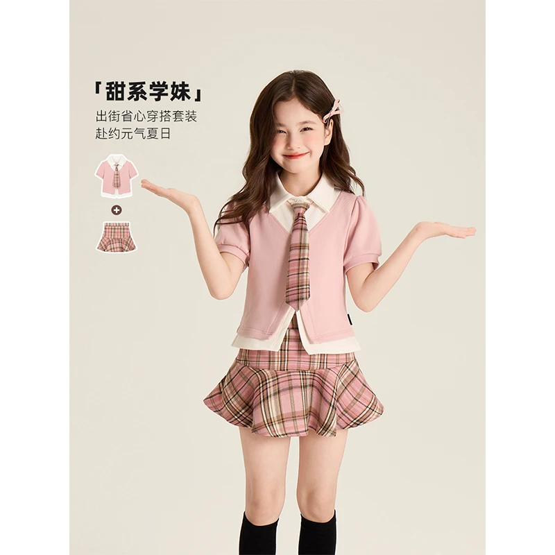 Amybaby女童套装夏季2025新款韩系学院风假两件拼接上衣格纹短裙