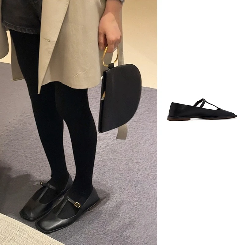 THE ROW 黑色T字扣带玛丽珍皮鞋SQUARE T-STRAP正码F1599-SL3-BLK