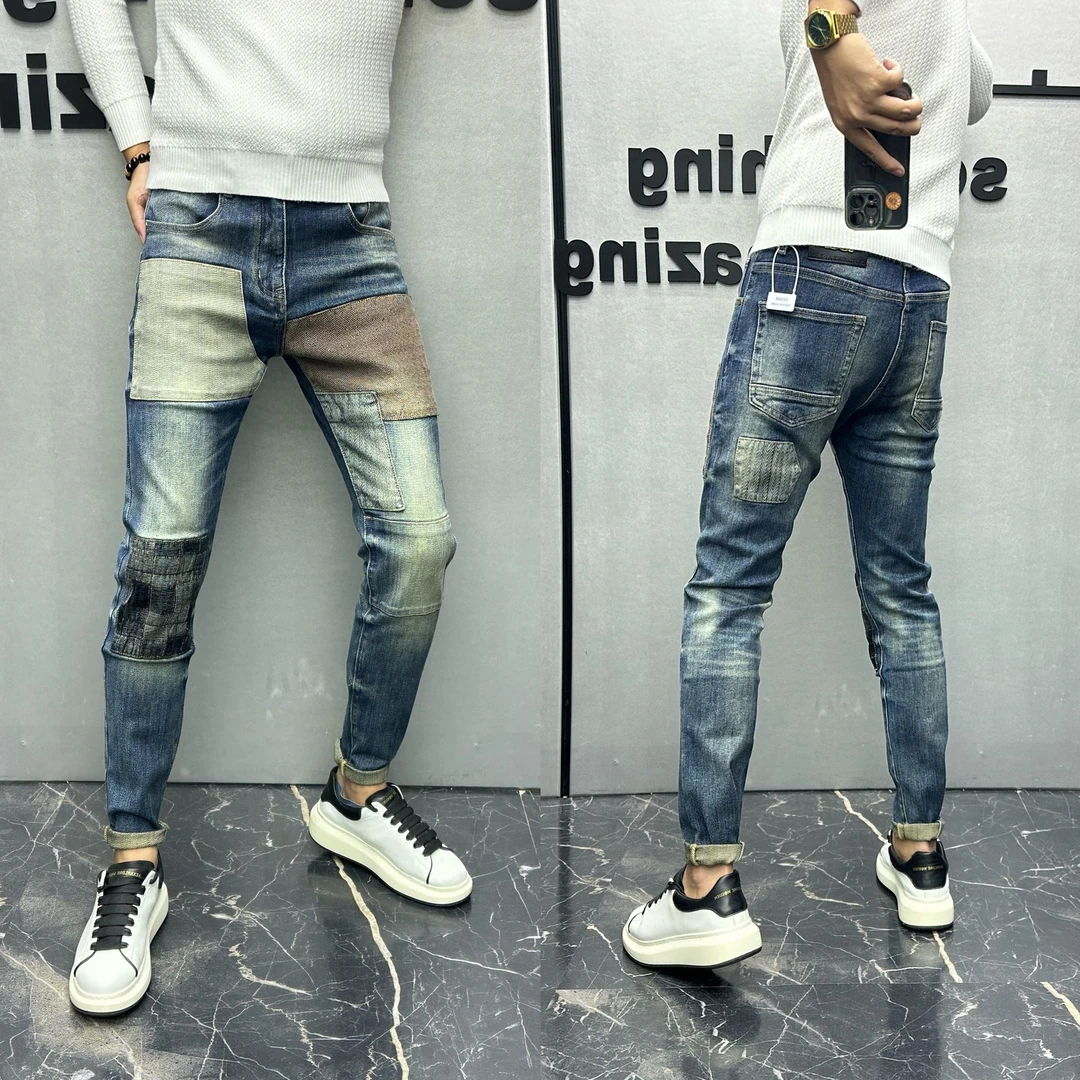 高品质欧货重工艺补丁牛仔裤男贴布水洗休闲复古秋冬季蓝色潮流帅