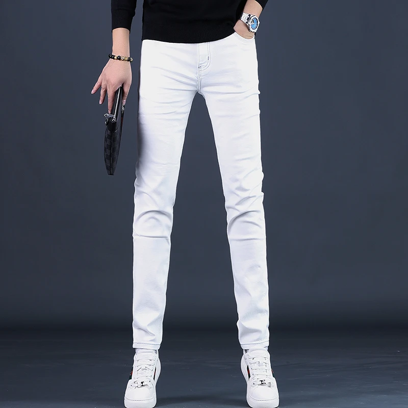 JJ秋季款高端男士牛仔裤男修身显瘦小脚潮流弹力休闲裤子白色长裤