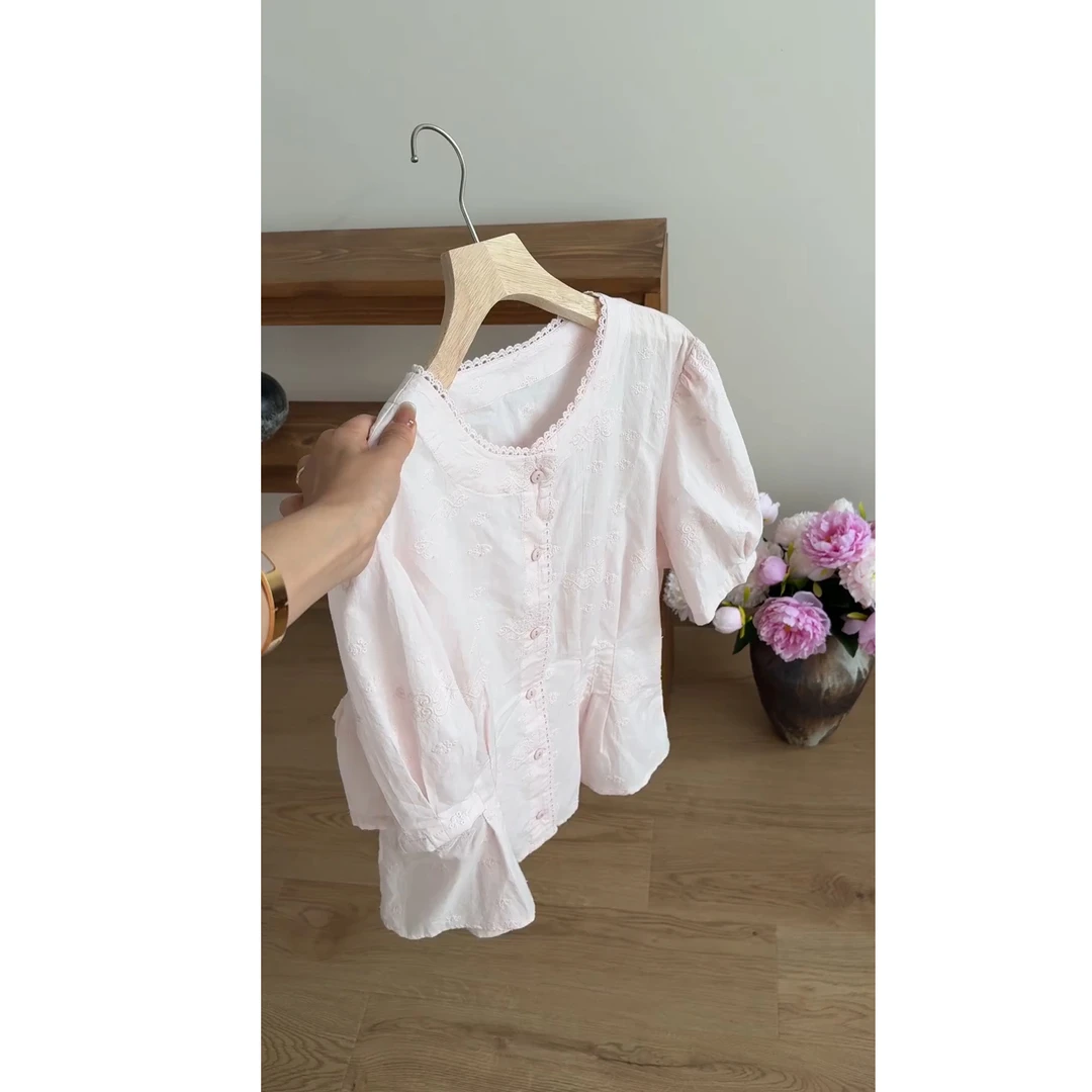 2025独特超好看法式慵懒松弛感茶里茶气别致粉色衬衫上衣女夏薄款