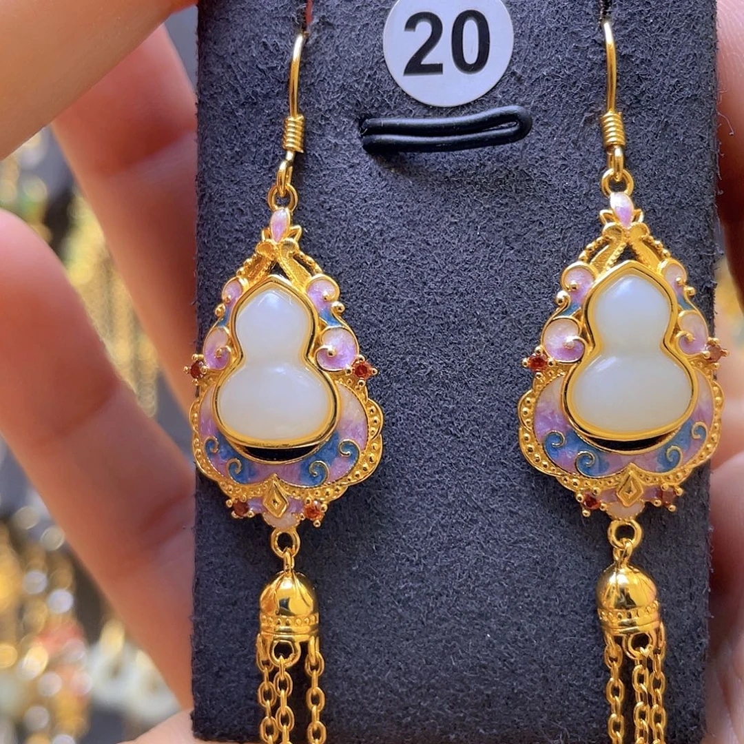 和田玉银S925镀金镶嵌耳饰