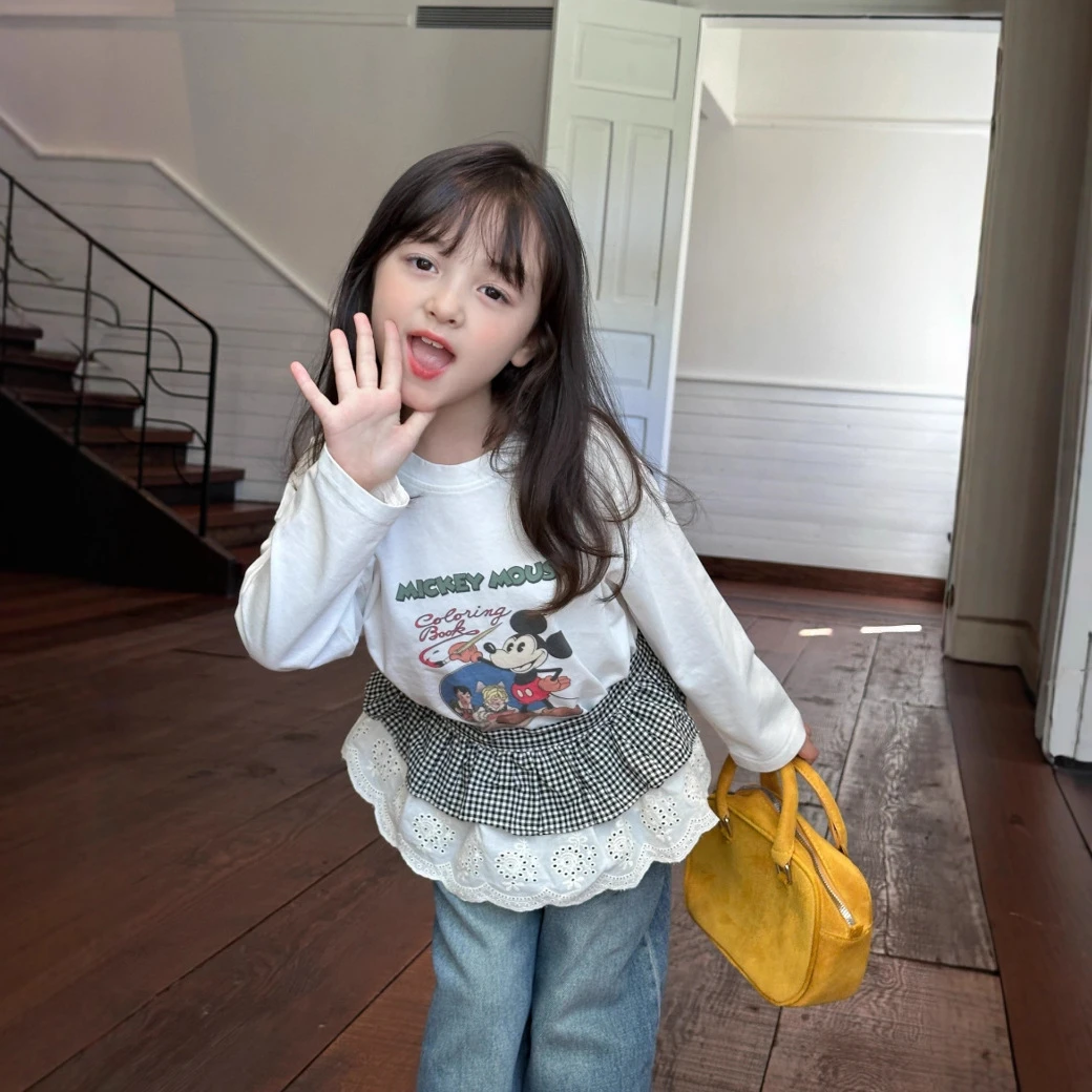 2025秋季童装韩系卡通印花T恤女童中小童米奇T长袖打底衫上衣
