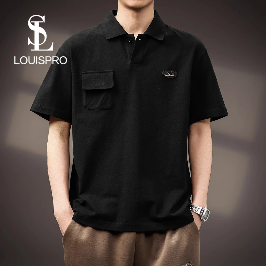 Louispro高端美式复古工装Polo衫男夏季潮牌宽松衬衫领短袖t恤男