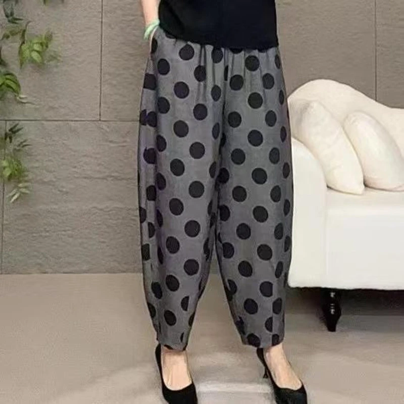 夏季时尚薄款哈伦裤女宽松显瘦松紧腰波点休闲裤洋气垂感九分裤子