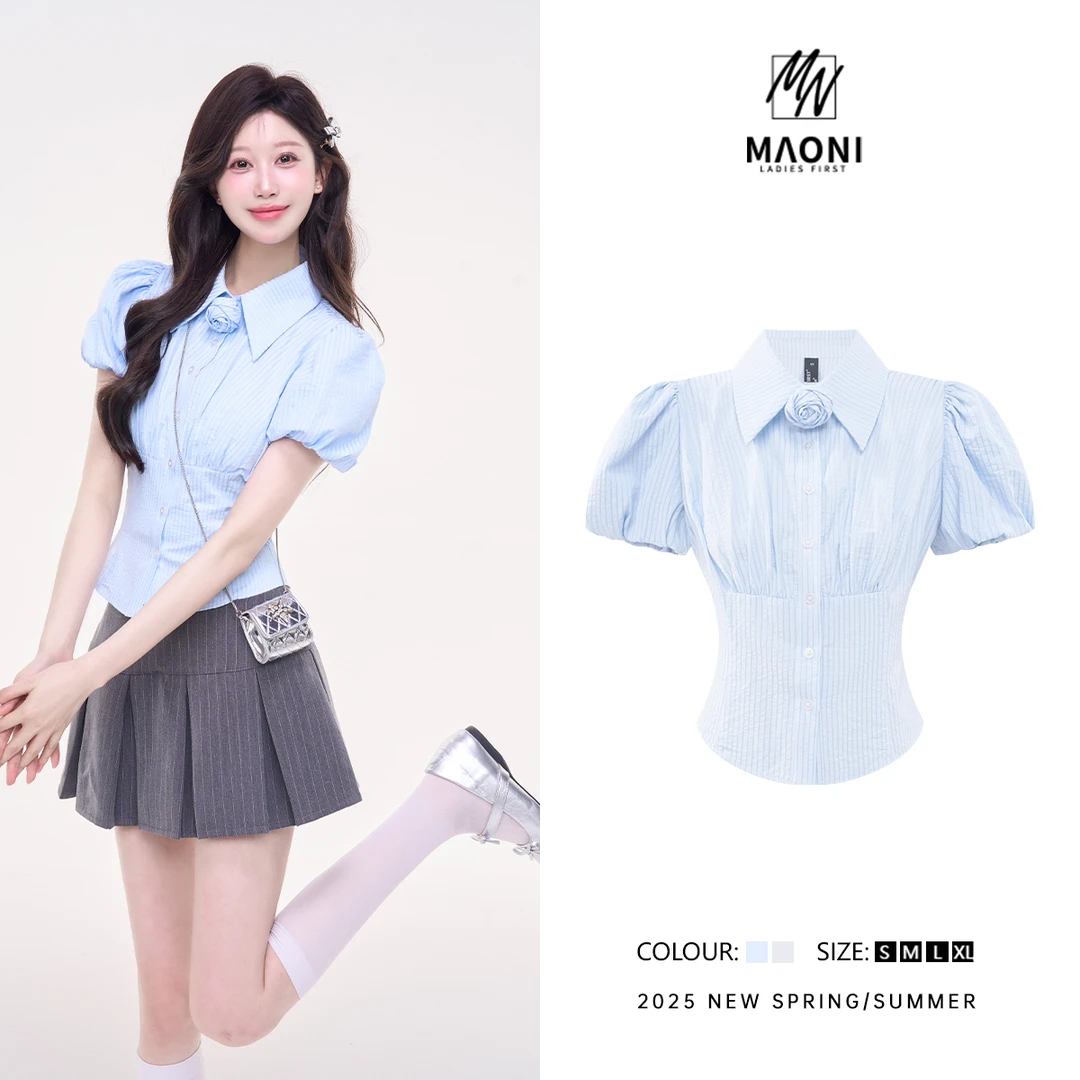 毛妮Peshe【花开夏展】法式收腰衬衫女泡泡袖显瘦上衣配胸花L1673