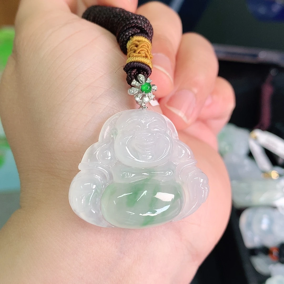 翡翠颈饰18K金镶嵌冰胶飘绿大佛公30*36.8*6.3