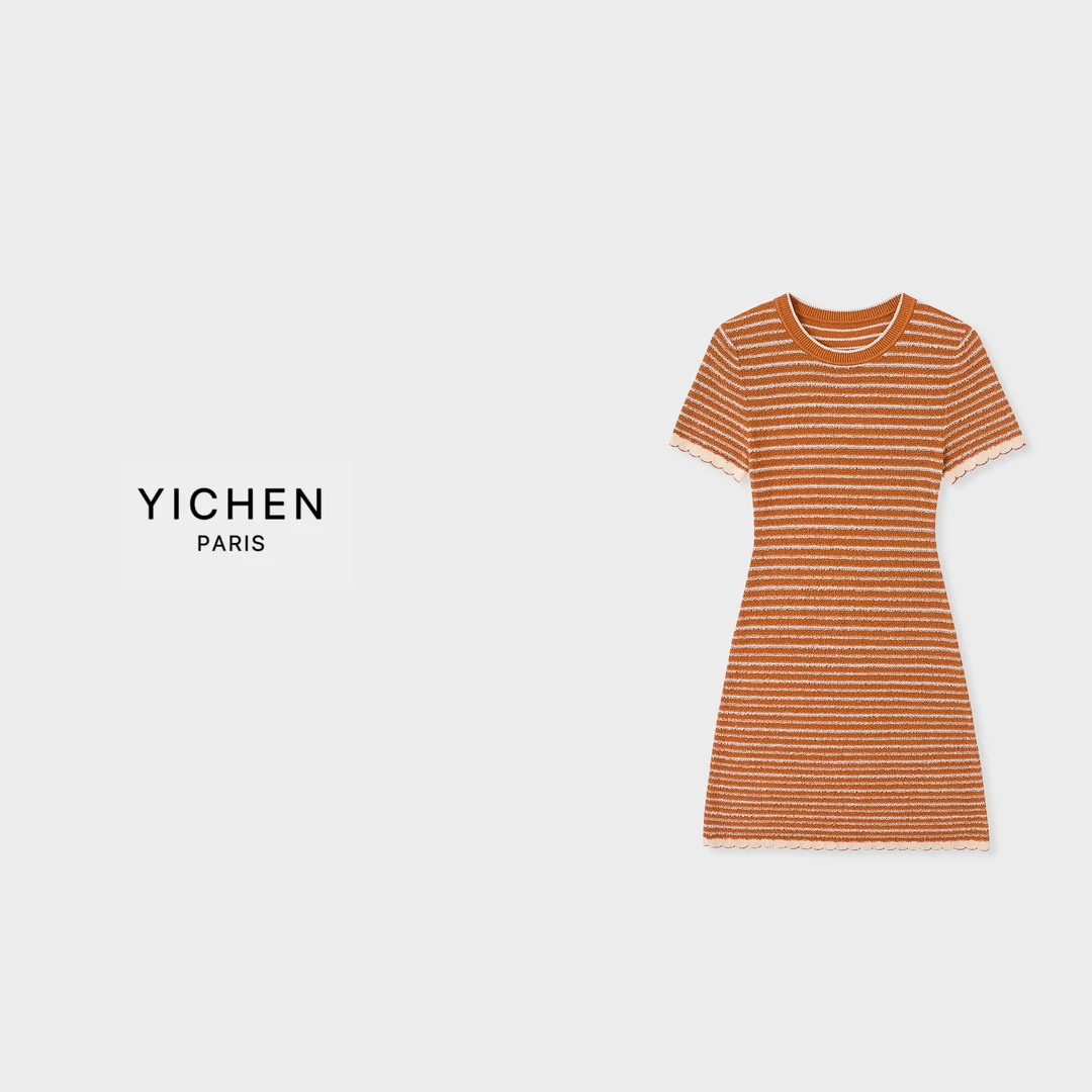 YC 焦糖色横条纹花边圈圈纱收腰针织连衣裙-2664