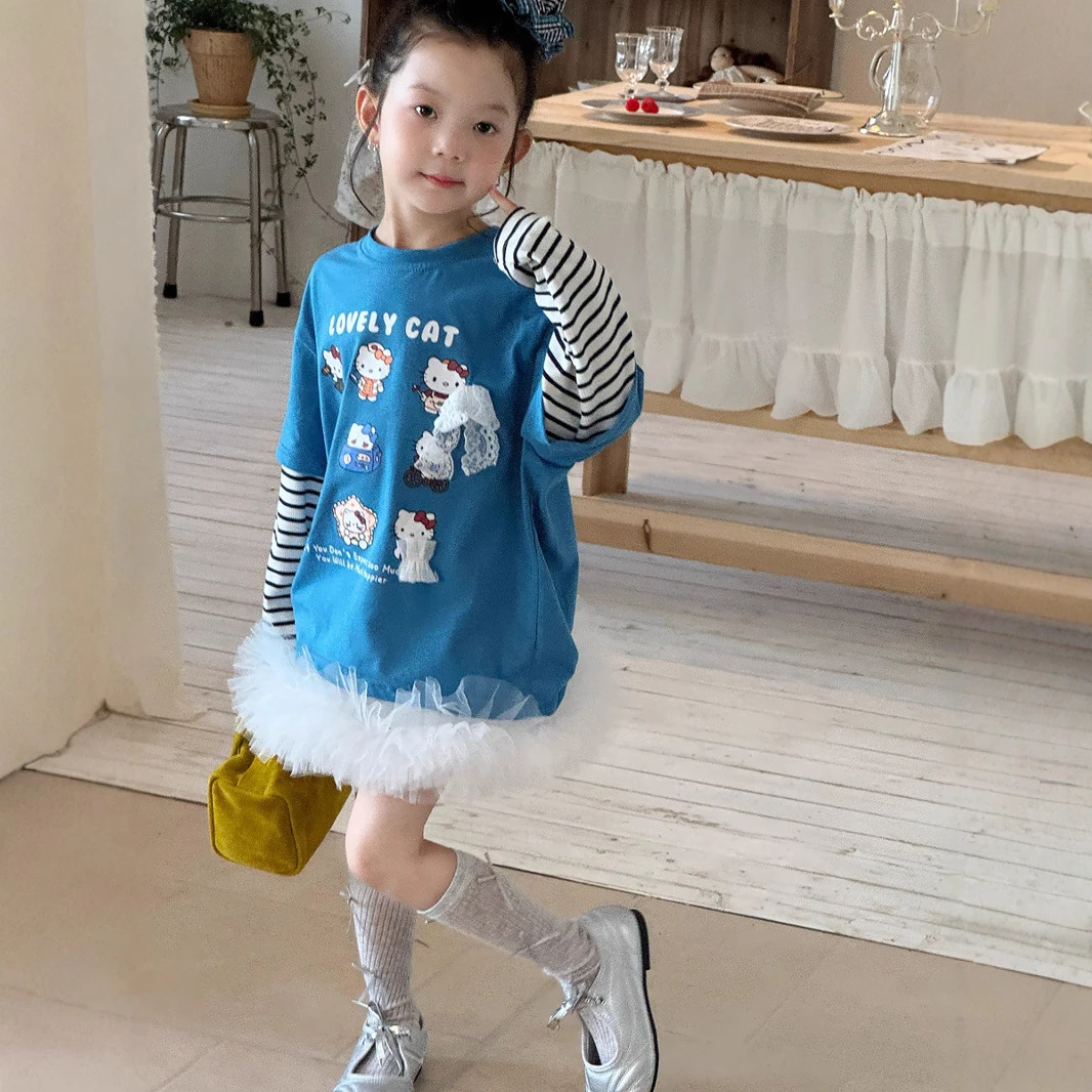 小思家女童25秋季新款韩版休闲假两件长袖T恤网纱蛋糕蓬蓬裙套装