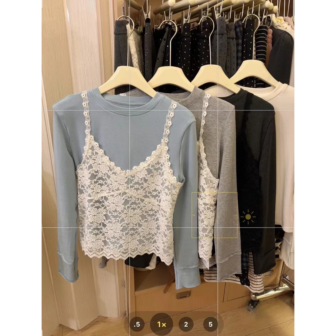 2024冬季韩版叠穿蕾丝吊带背心木耳边打底衫套装