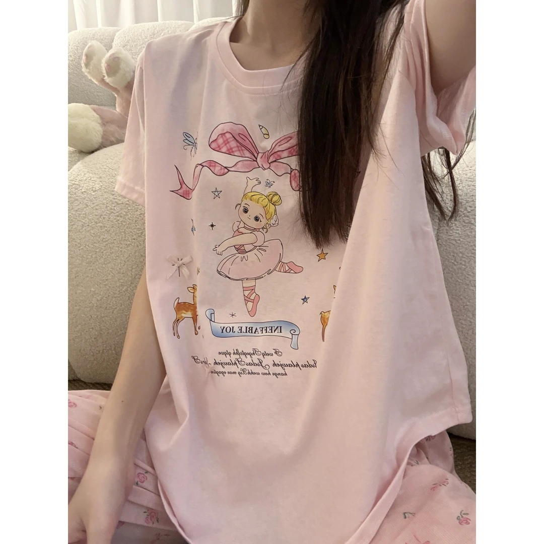 少女感粉色少女印花宽松短袖T恤睡衣夏款慵懒风休闲家居服套装女