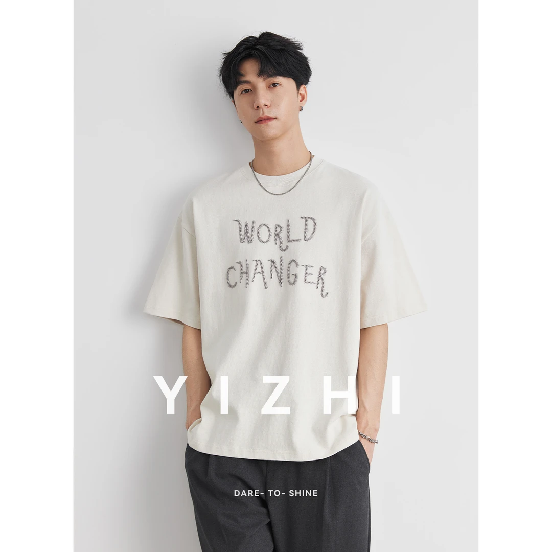 亦止精工刺绣280G重磅纯棉复古短袖t恤男夏季2025新款高级感体恤