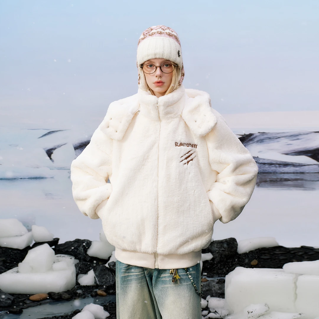 SuaMoment抓痕植绒字母仿貂毛连帽棉服男女冬加厚保暖防寒服外套