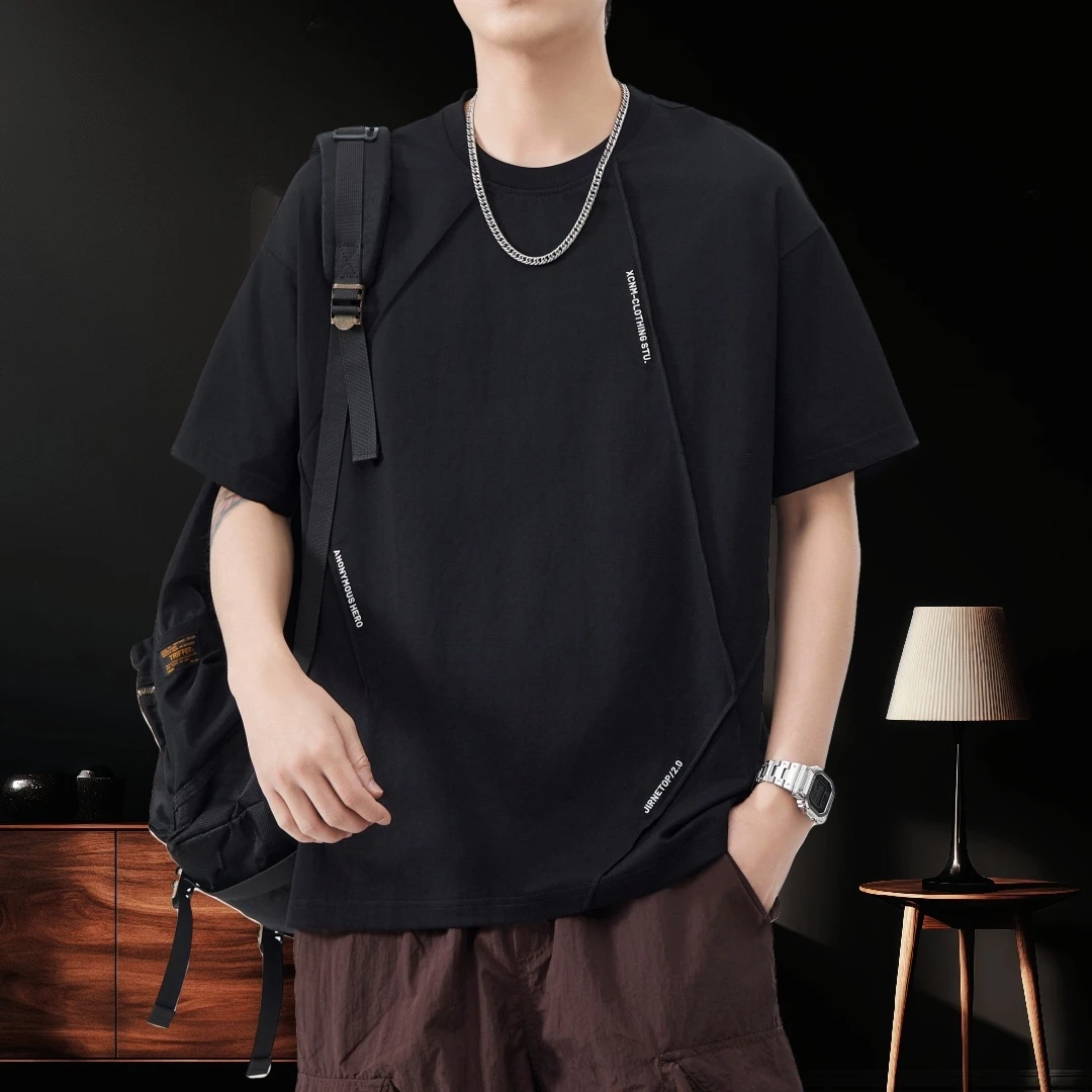 高端美式重磅拼接设计感短袖T恤男夏季潮牌宽松圆领休闲复古体恤