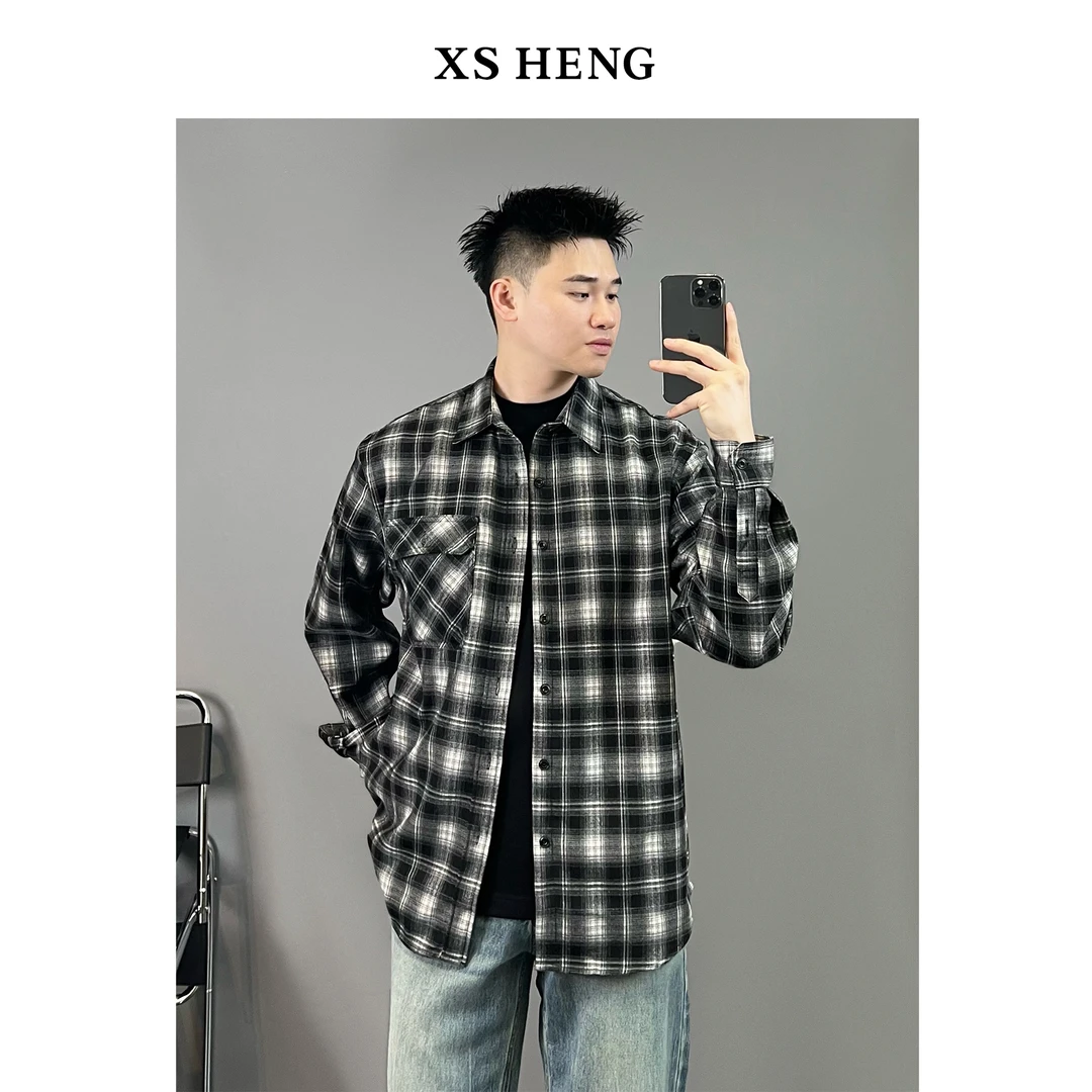 APENG秋 黑白格子长袖衬衫美式复古男士经典休闲衬衣外套#8096
