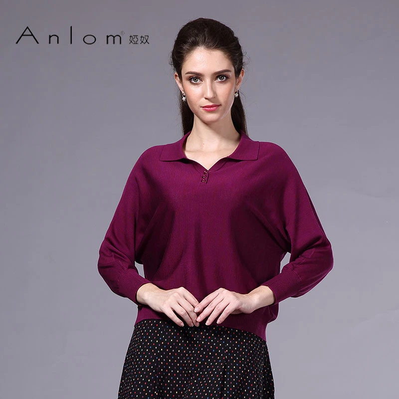 Anlom/娅奴早秋新款修身桑蚕丝针织衫女时尚九分袖POLO领套衫