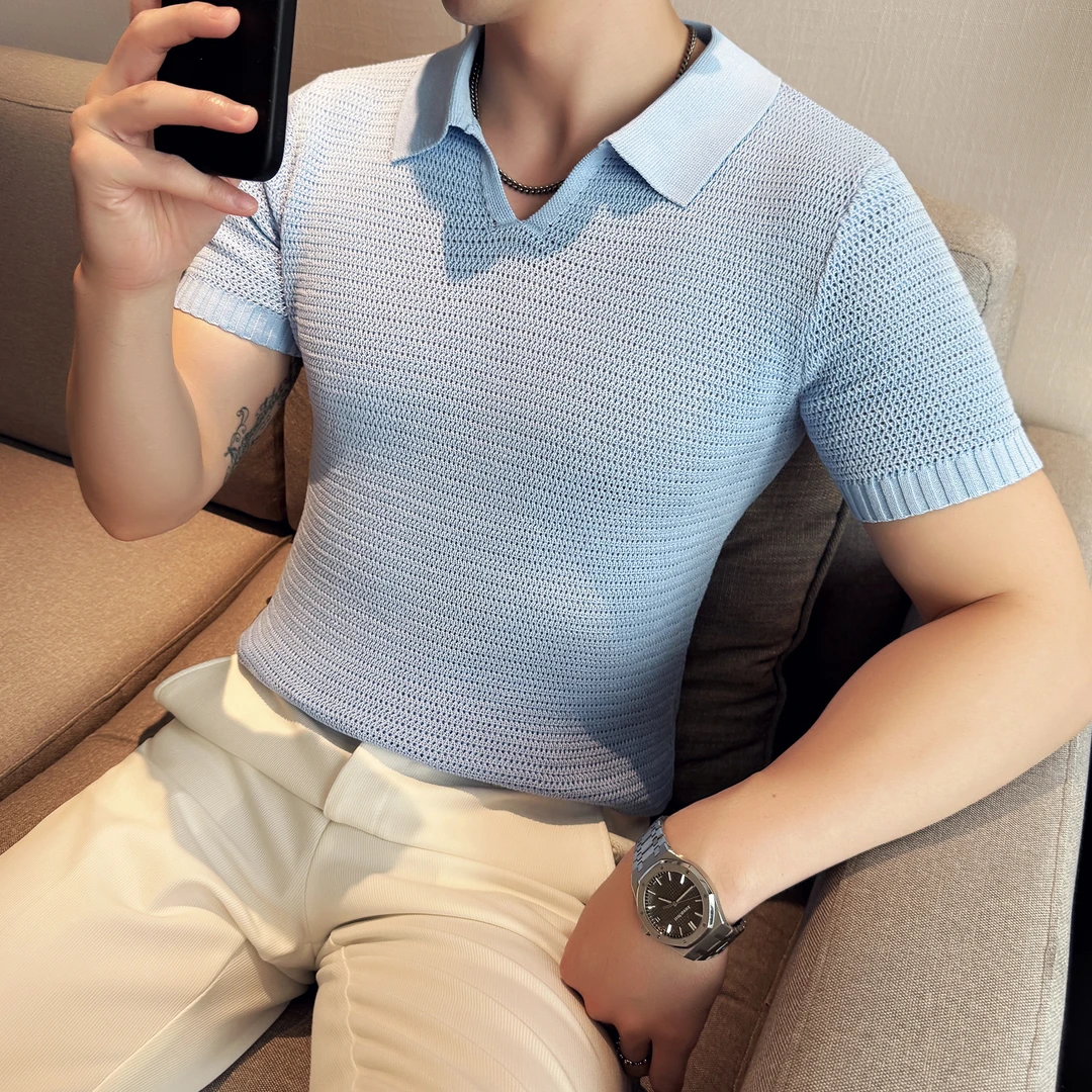 短袖镂空POLO衫男2025夏季新款时尚V领冰丝针织保罗衫男款T恤上衣
