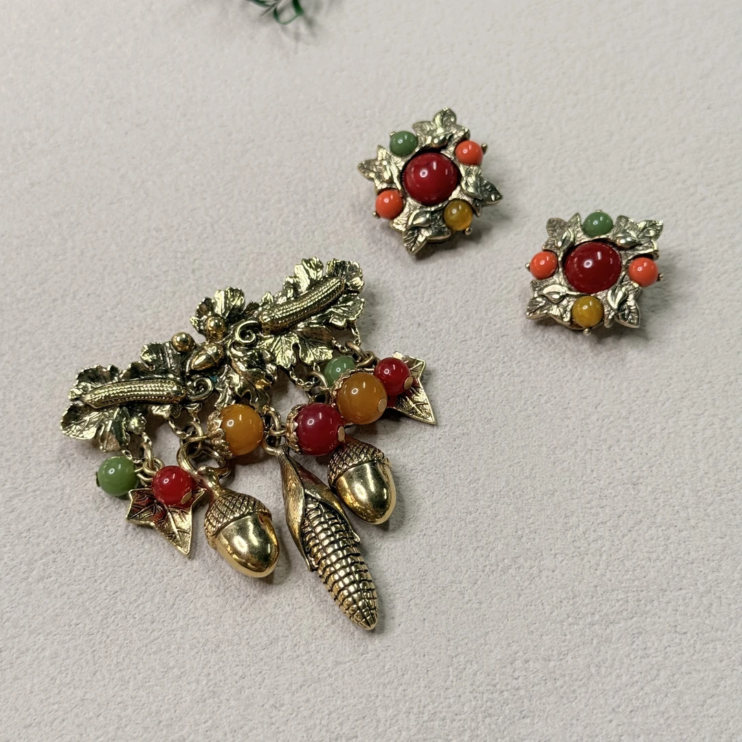 铜合金琉璃胸针 【六六中古】孤品复古麦穗胸针耳夹套装te3493