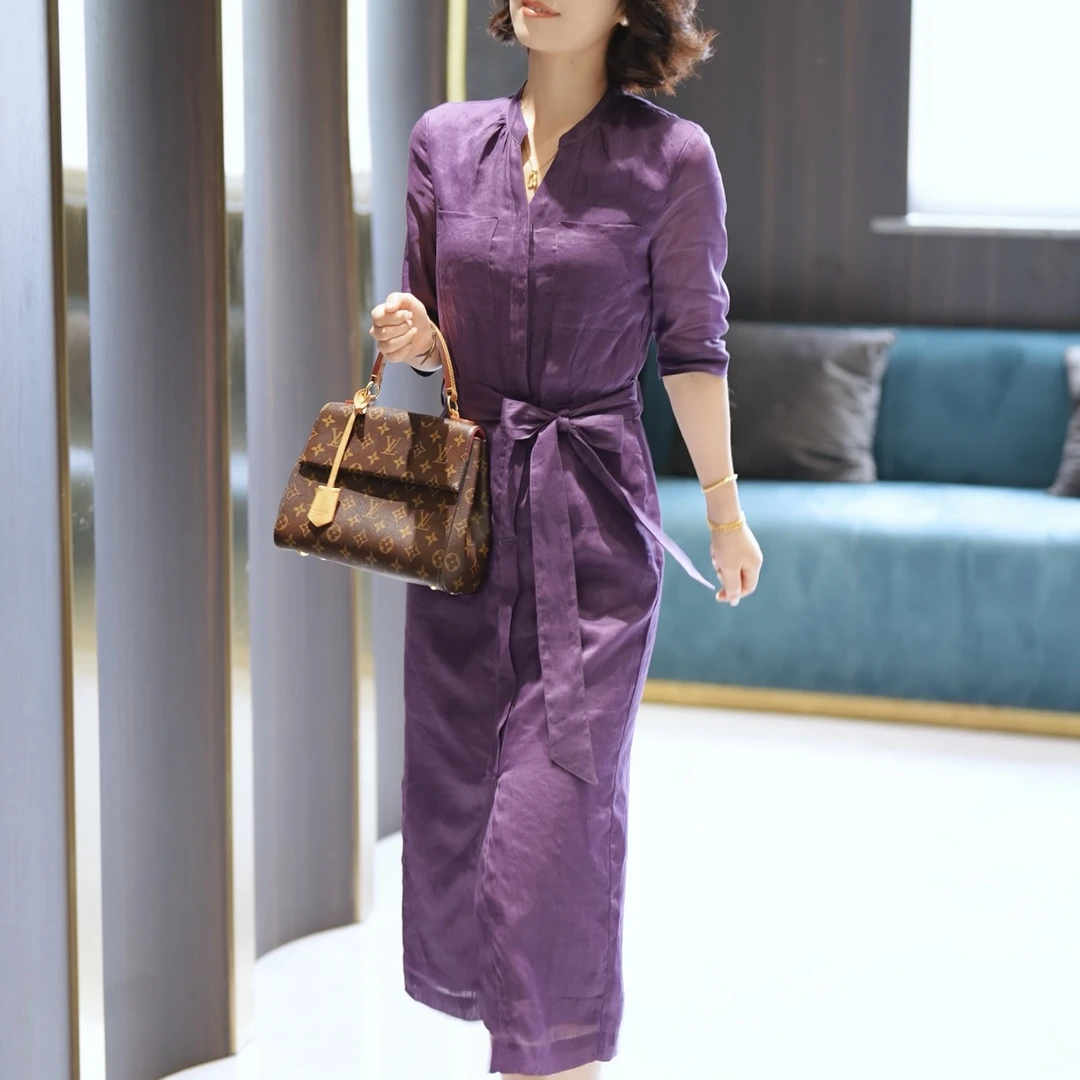 MINGGANG/名港【苎麻裙】夏季通勤风百搭显瘦苎麻连衣裙 MG8115