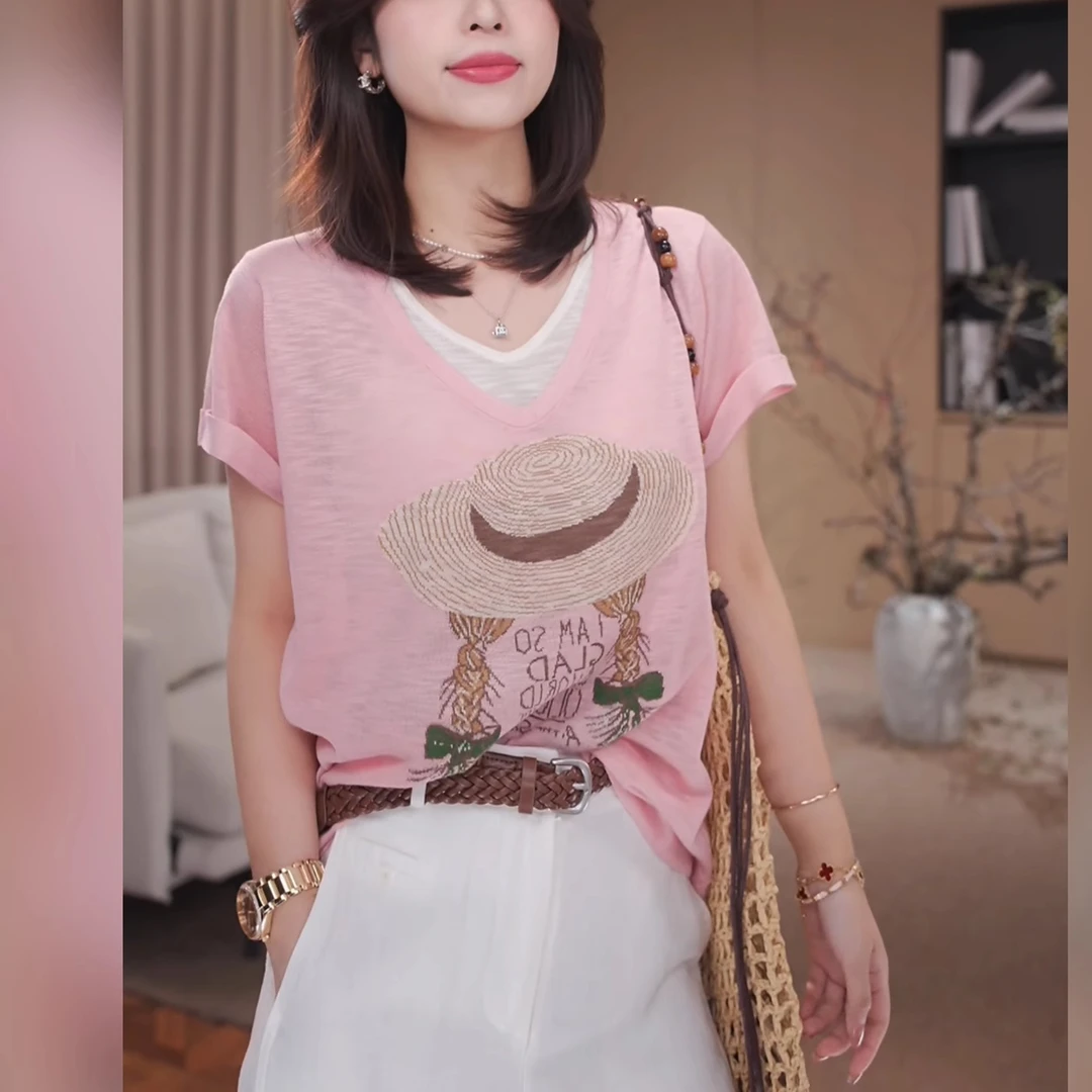 慵懒减龄超好看竹节麻假两件短袖针织衫女夏新款休闲百搭休闲上衣