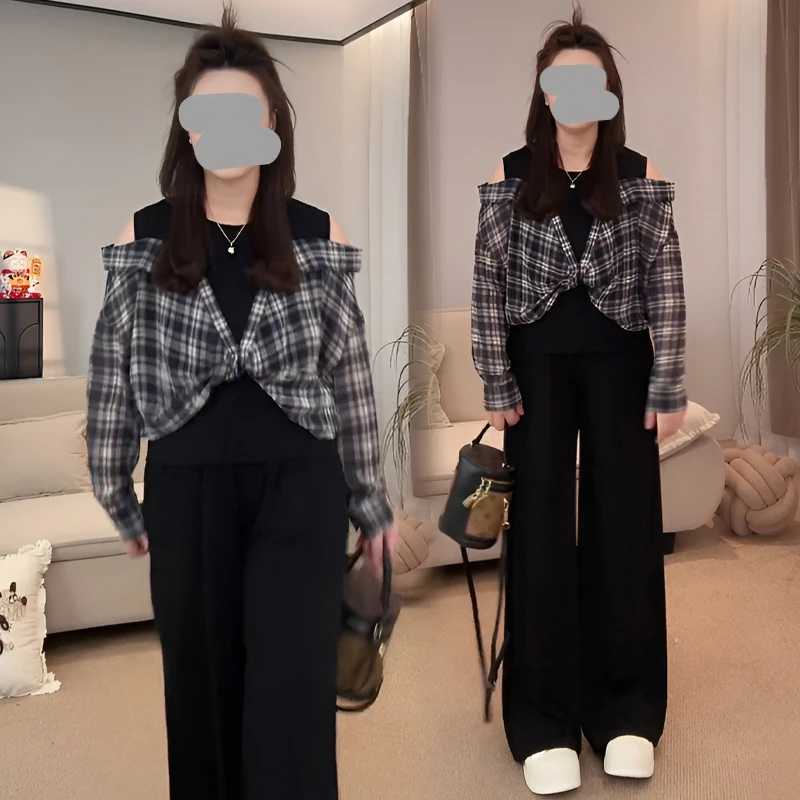 港风复古洋气百搭露肩长袖衬衫显瘦阔腿裤女春秋文艺简约气质套装