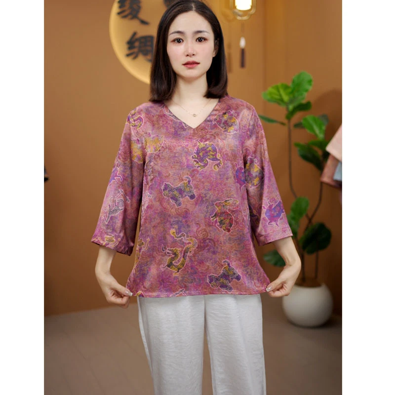 2025秋季新款七分袖国风复古V领时尚女式上衣大码宽松洋气-2586