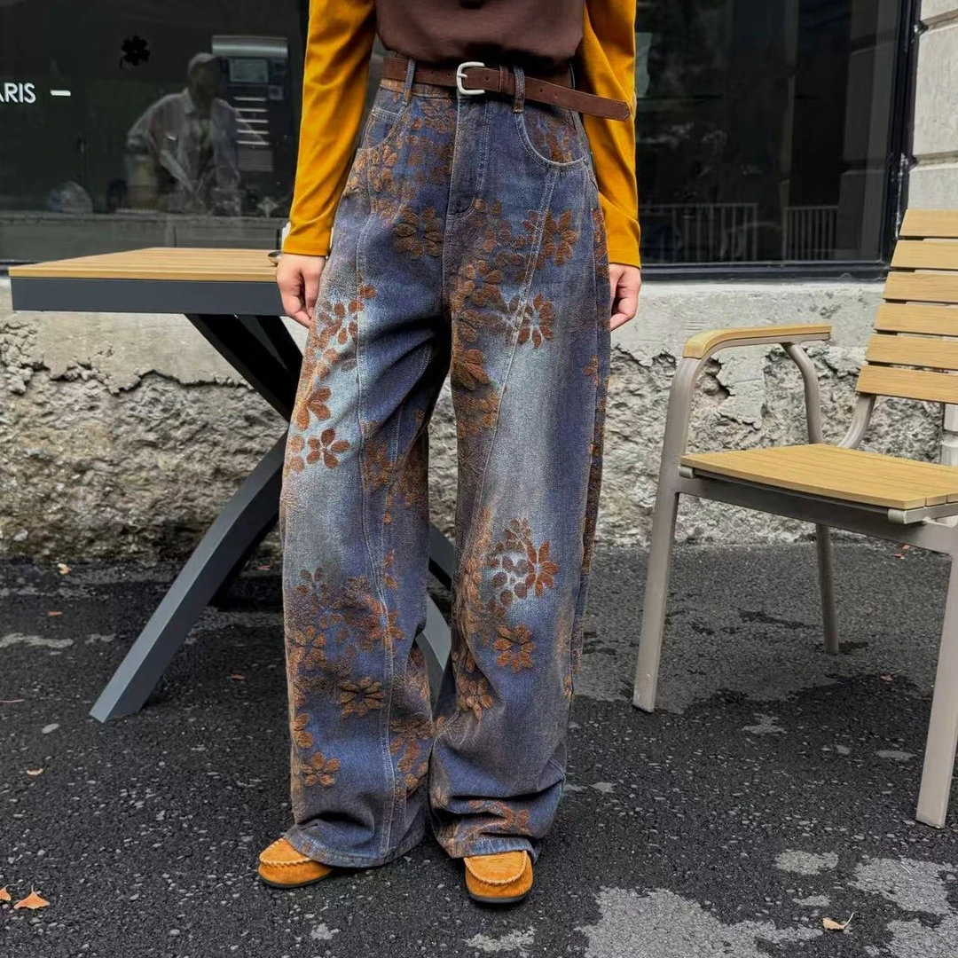 复古做旧费尔岛风直筒百搭显瘦洋气牛仔裤宽松裤子阔腿裤高腰女款