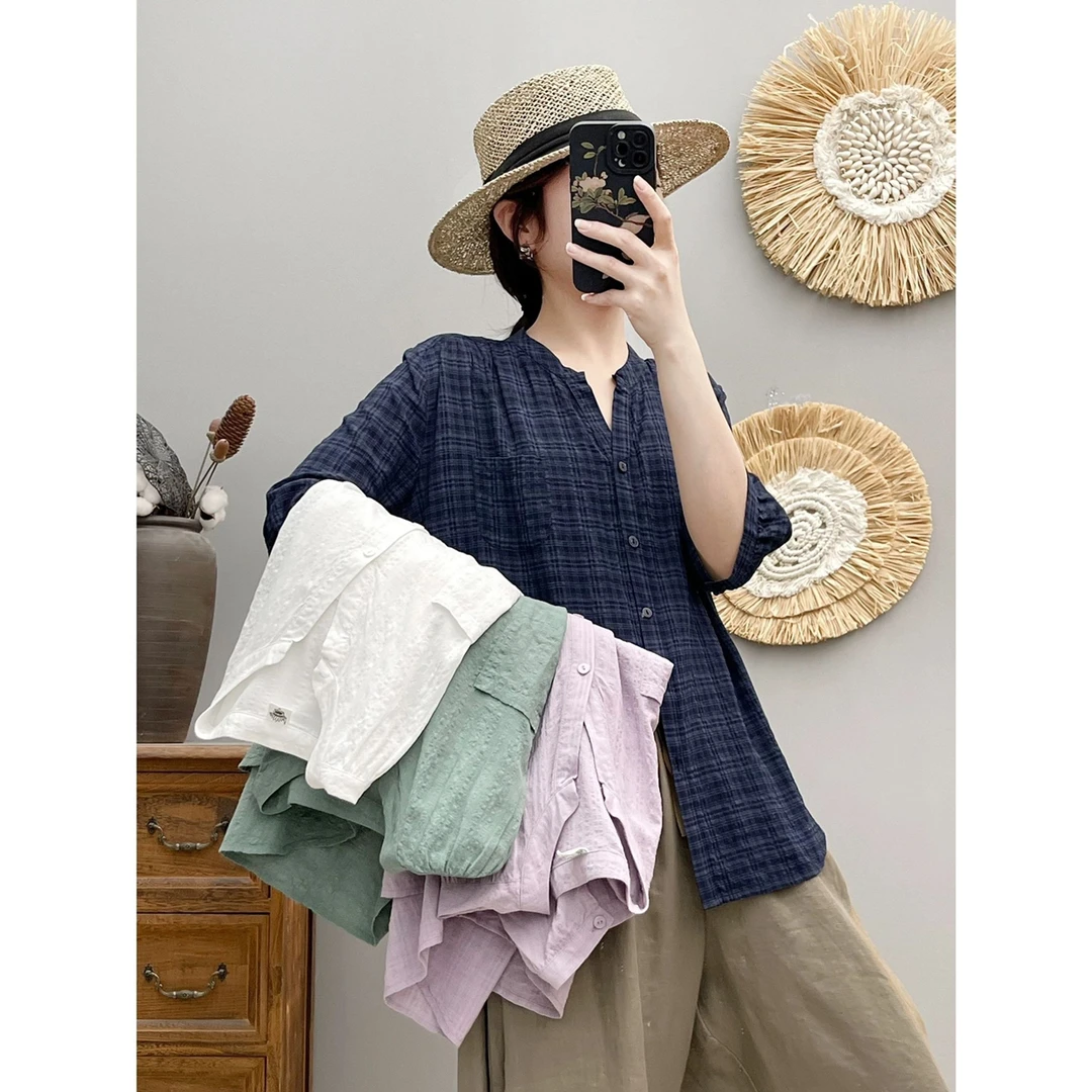 夏季新款百搭色织格纹棉短袖上衣文艺宽松休闲