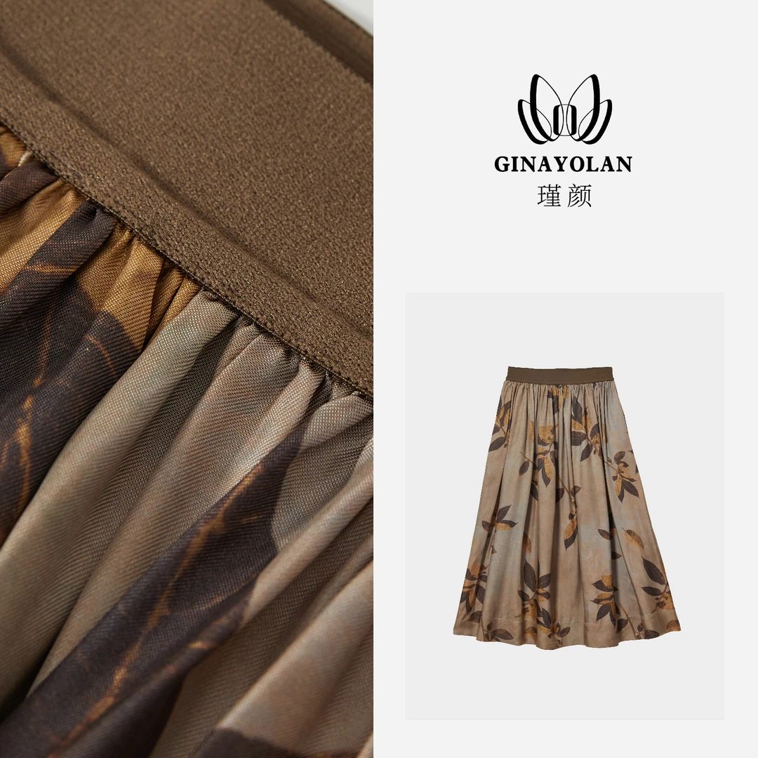 GINAYOLAN/ 瑾颜【斑驳枝叶】奢华面料复古丝滑铜氨丝裙子