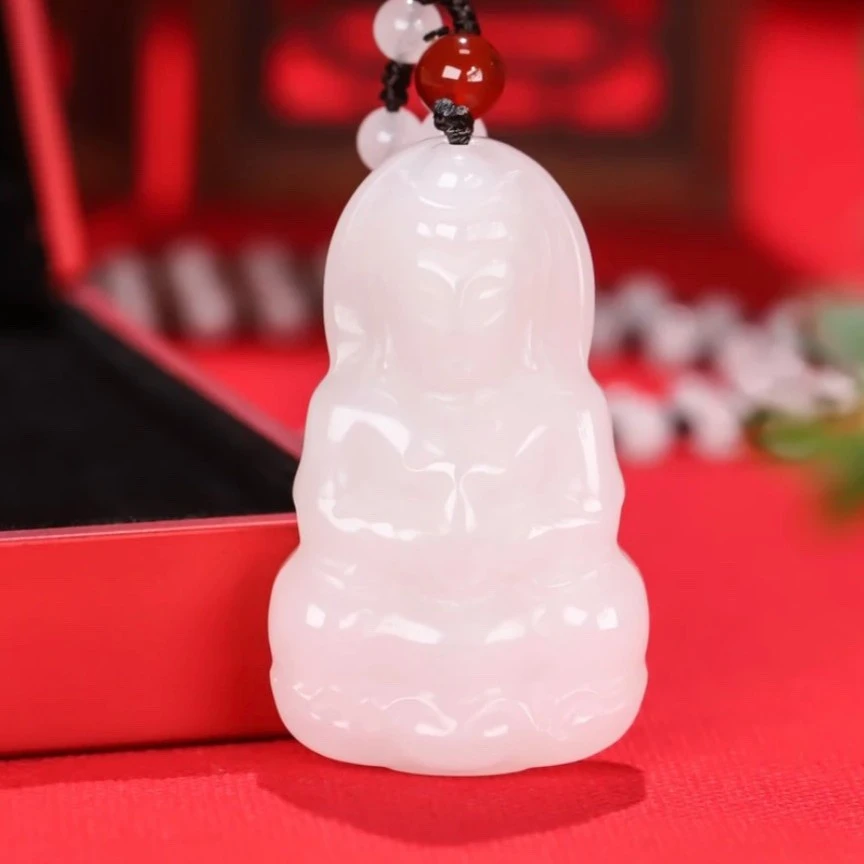 新疆天然金丝玉双面雕刻立体观音毛衣链吊坠精美气质高级玉吊坠