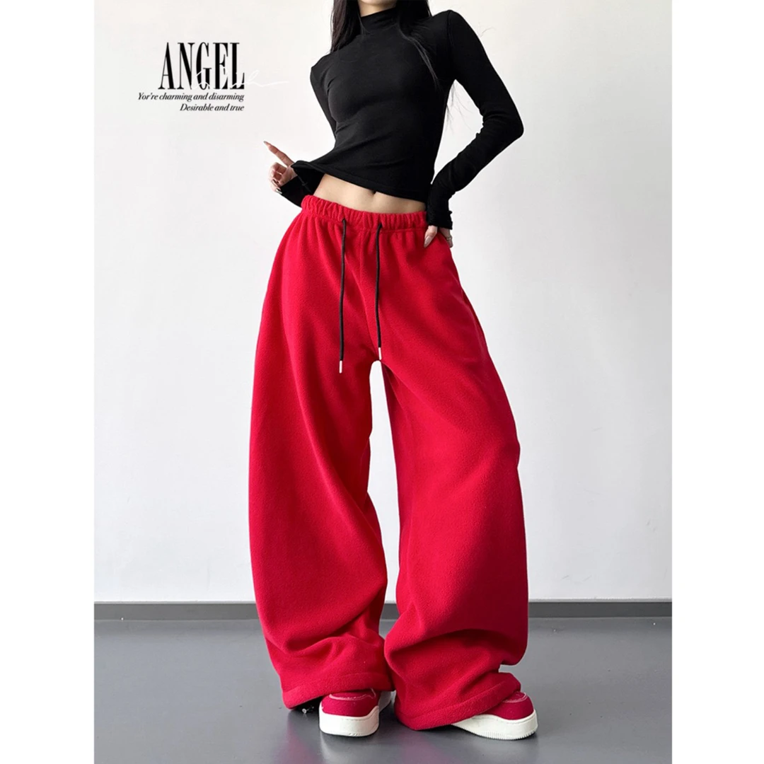 红色高级感cleanfit阔腿裤女2025冬装新款休闲裤宽松垂感直筒卫裤