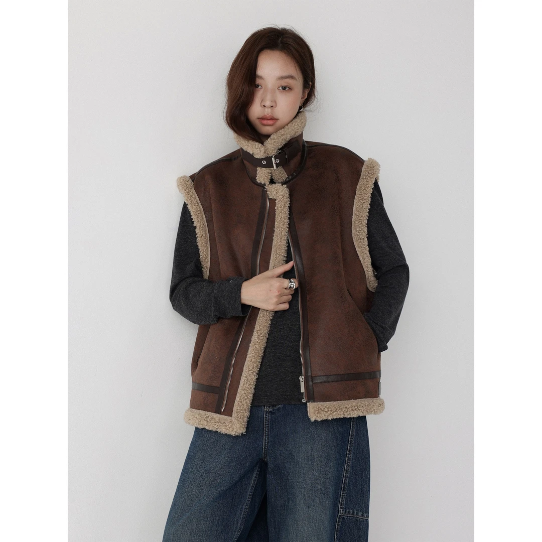 低卡LOWCALORIE‘城市牧游’直筒版型皮毛一体无袖皮马甲外搭马夹